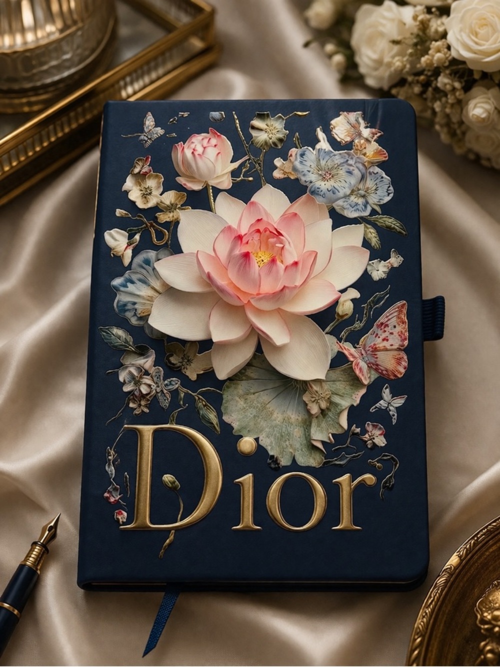Navy Notebook with Pink Lotus and Floral Embellishments